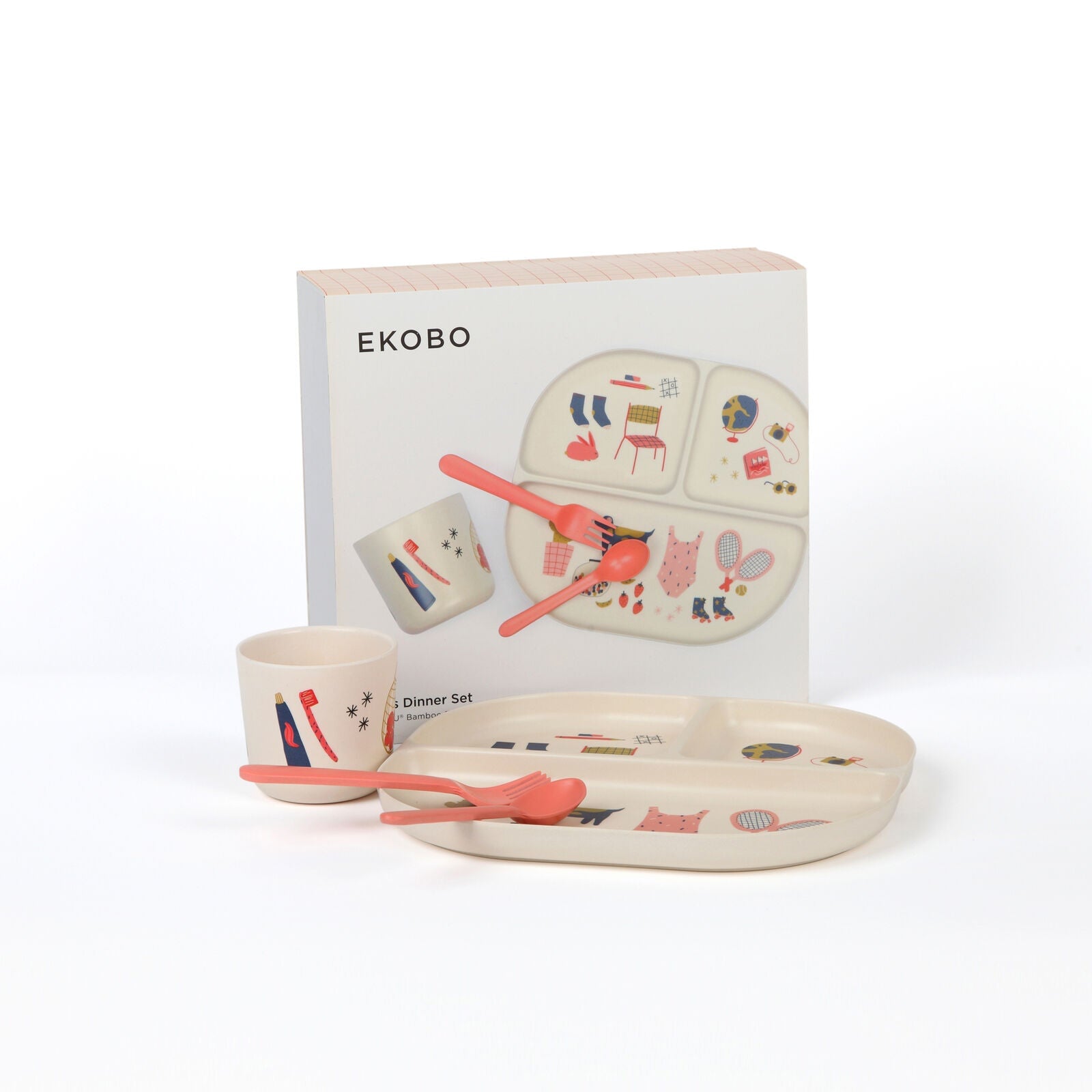 Illustrated Bamboo Kid Dinner Set #color_Coral