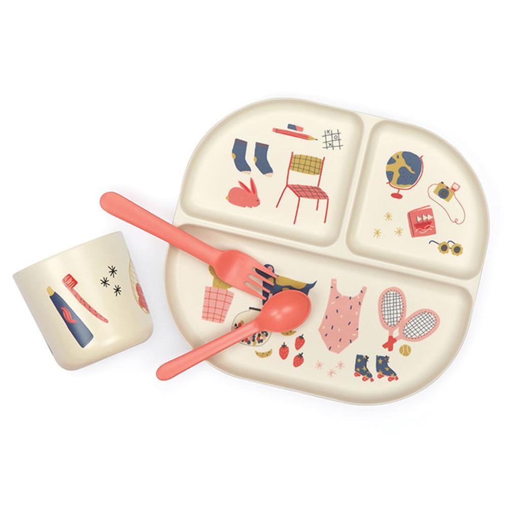 Illustrated Bamboo Kid Dinner Set #color_Coral